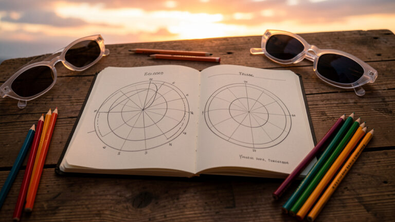 Carnet d’observation DIY ouvert sur une table en bois, avec des cartes visuelles de la visibilité d’une éclipse solaire, des crayons et des lunettes de protection, tandis qu’un ciel de fin de journée apparaît en arrière-plan.