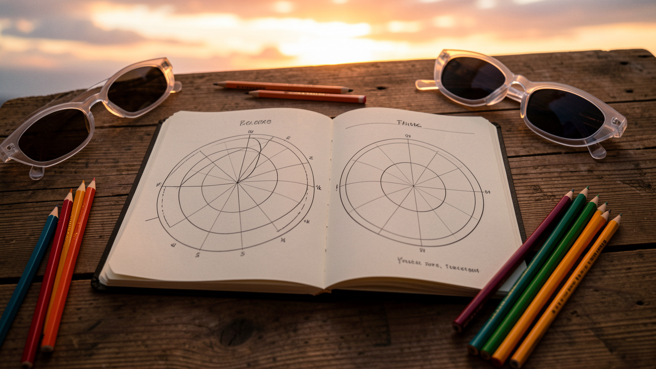 Carnet d’observation DIY ouvert sur une table en bois, avec des cartes visuelles de la visibilité d’une éclipse solaire, des crayons et des lunettes de protection, tandis qu’un ciel de fin de journée apparaît en arrière-plan.