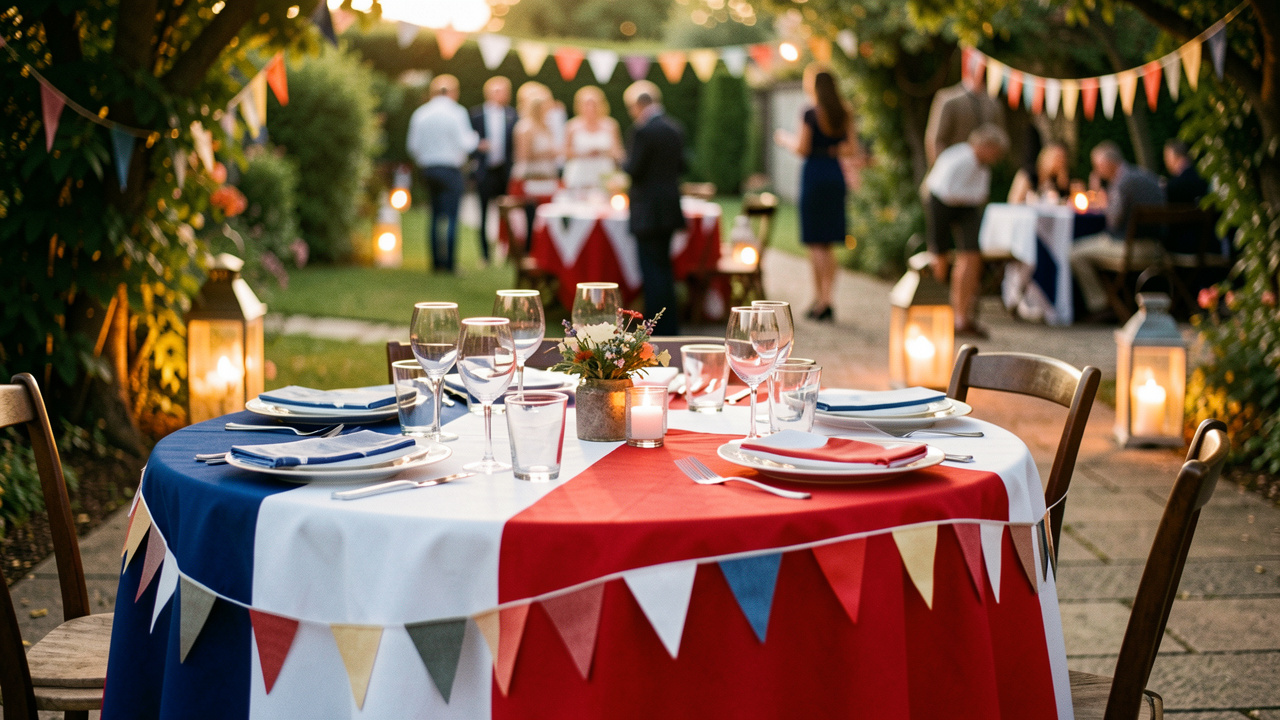 Table extérieure pour le 14 juillet avec une décoration bleu blanc rouge, fanions et lanternes, ambiance festive en lumière dorée.