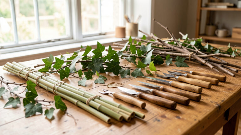Atelier créatif lumineux avec des tiges de bambou, des branches sèches, des feuilles de lierre et des outils manuels disposés sur une table en bois.