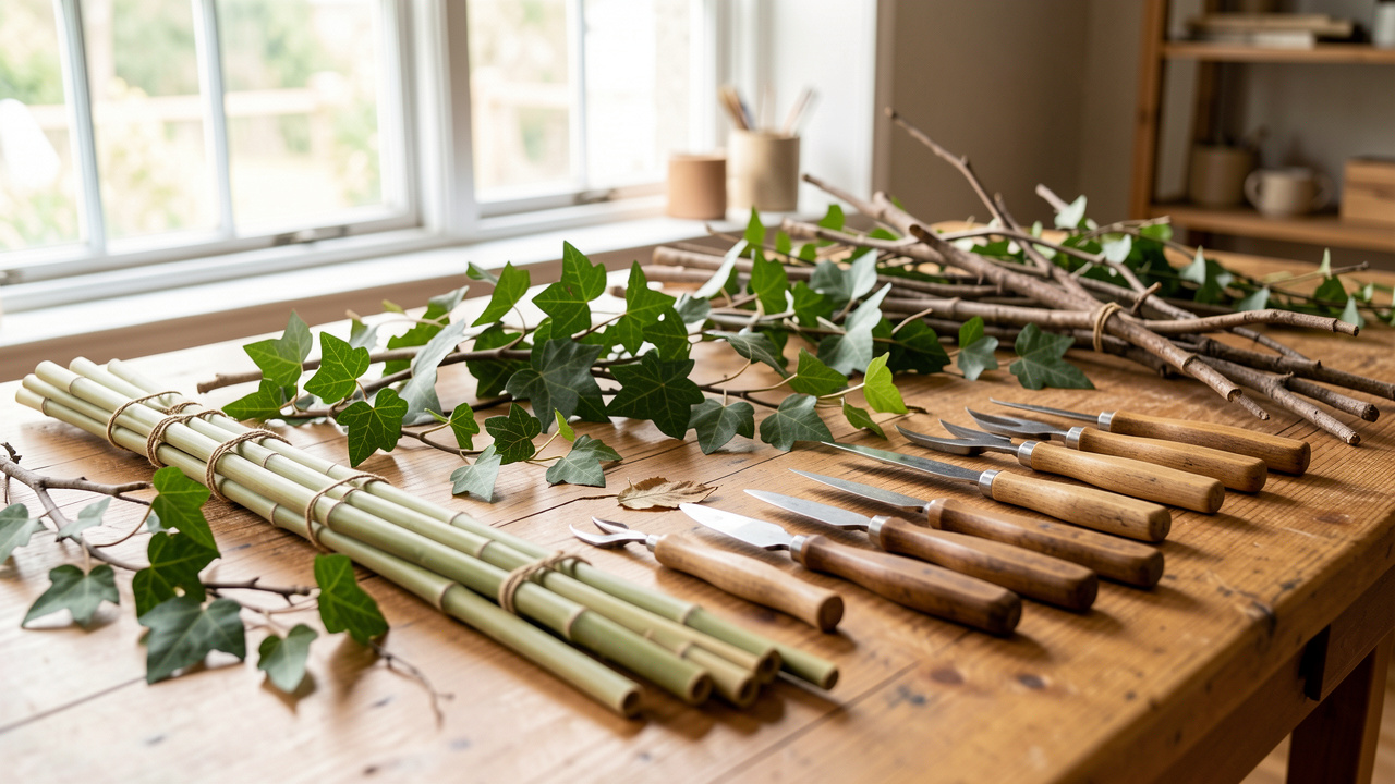 Atelier créatif lumineux avec des tiges de bambou, des branches sèches, des feuilles de lierre et des outils manuels disposés sur une table en bois.