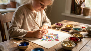Une fille de huit ans peint des motifs floraux et géométriques colorés sur un parchemin vierge, dans un atelier d’enluminure chaleureux installé à la maison.