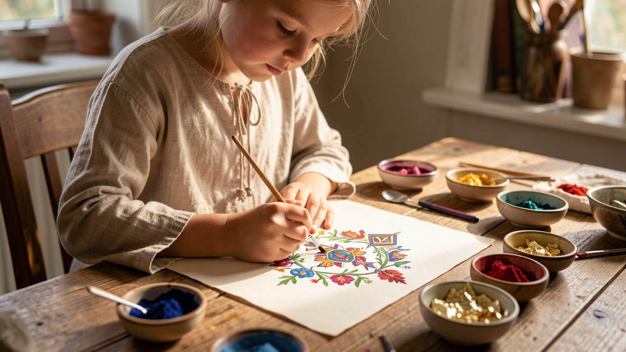 Une fille de huit ans peint des motifs floraux et géométriques colorés sur un parchemin vierge, dans un atelier d’enluminure chaleureux installé à la maison.