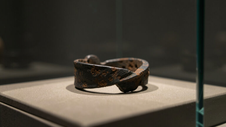 Bague grecque antique en fer sombre, posée dans une vitrine de musée et éclairée latéralement, avec de fines traces de corrosion.