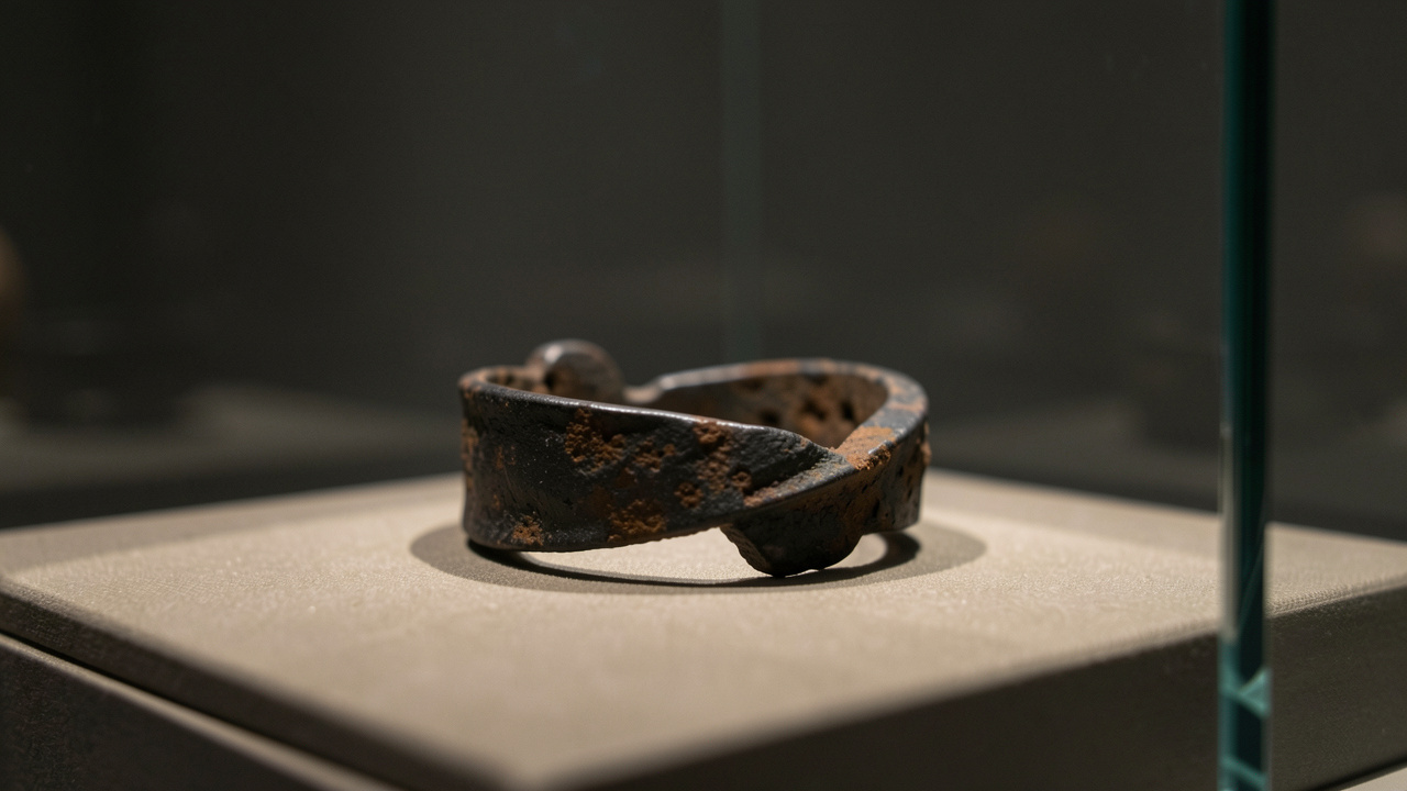 Bague grecque antique en fer sombre, posée dans une vitrine de musée et éclairée latéralement, avec de fines traces de corrosion.