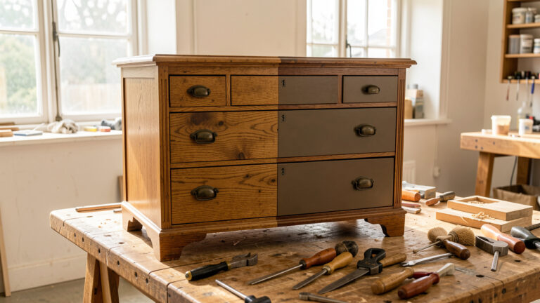 Commode ancienne en chêne, à moitié poncée et à moitié protégée par une finition mate, dans un atelier lumineux avec des outils de restauration.