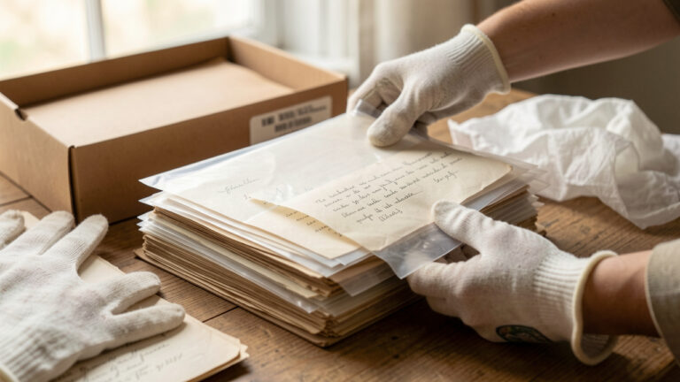 Documents familiaux anciens protégés dans des pochettes et une boîte d’archivage avec des gants en coton.