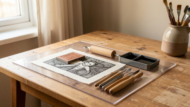 Espace de travail propre et organisé pour débuter la linogravure dans un appartement, avec plaque de linoléum, gouges, rouleau et encre posés sur un tapis de protection.
