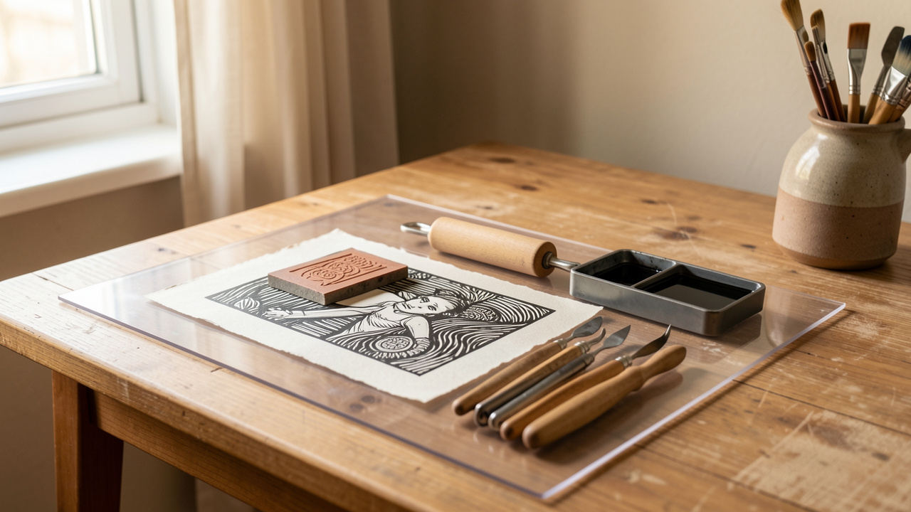 Espace de travail propre et organisé pour débuter la linogravure dans un appartement, avec plaque de linoléum, gouges, rouleau et encre posés sur un tapis de protection.