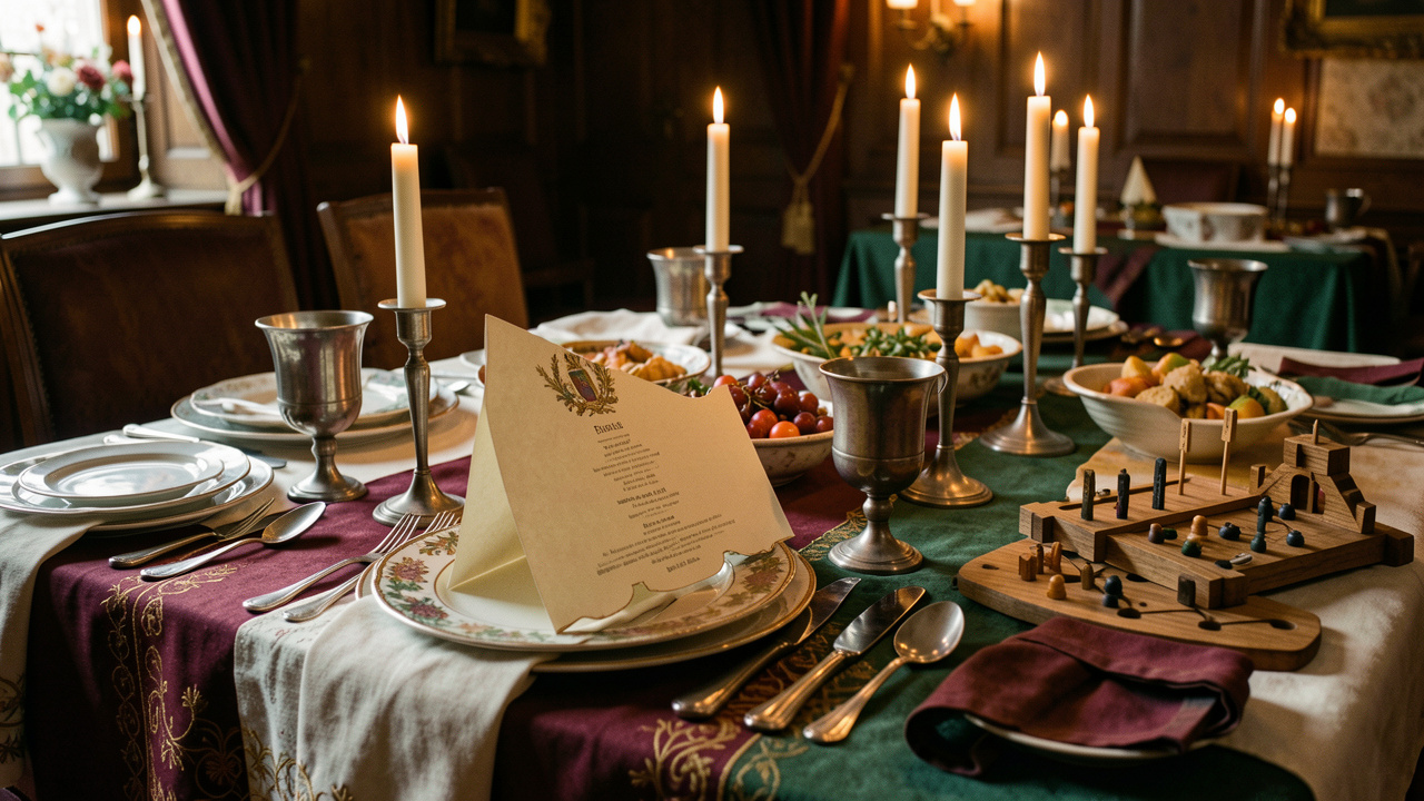 Table de dîner inspirée de la Renaissance, décorée de vaisselle ancienne, de bougies, de plats saisonniers et de petits jeux en bois dans une salle chaleureuse.