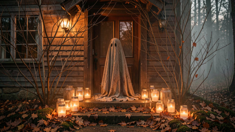 Entrée de maison décorée pour Halloween avec branches mortes, feuilles d’automne, silhouette de fantôme en vieux drap et bocaux lumineux dans une ambiance réaliste de forêt hantée.