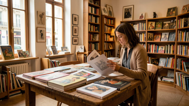 Une femme feuillette une monographie d’art sur une grande table en bois couverte de livres illustrés, dans une librairie indépendante française baignée de lumière naturelle.