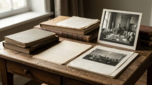 Table de travail d’historien avec ouvrages anciens, dossiers d’archives et photographie noir et blanc d’un tribunal, dans une ambiance éditoriale sobre et documentaire.