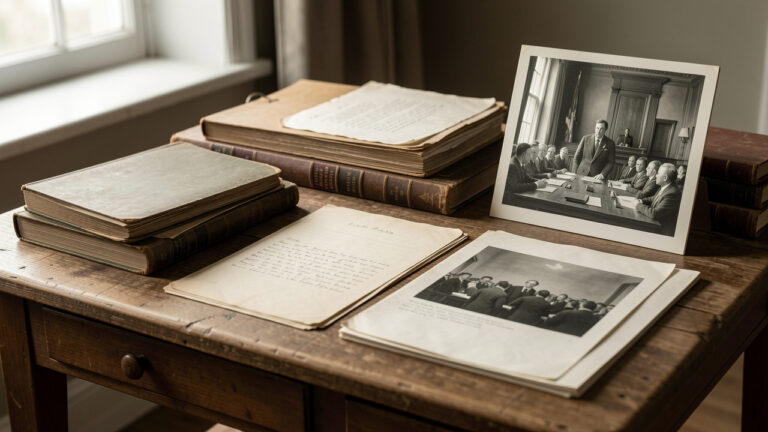 Table de travail d’historien avec ouvrages anciens, dossiers d’archives et photographie noir et blanc d’un tribunal, dans une ambiance éditoriale sobre et documentaire.