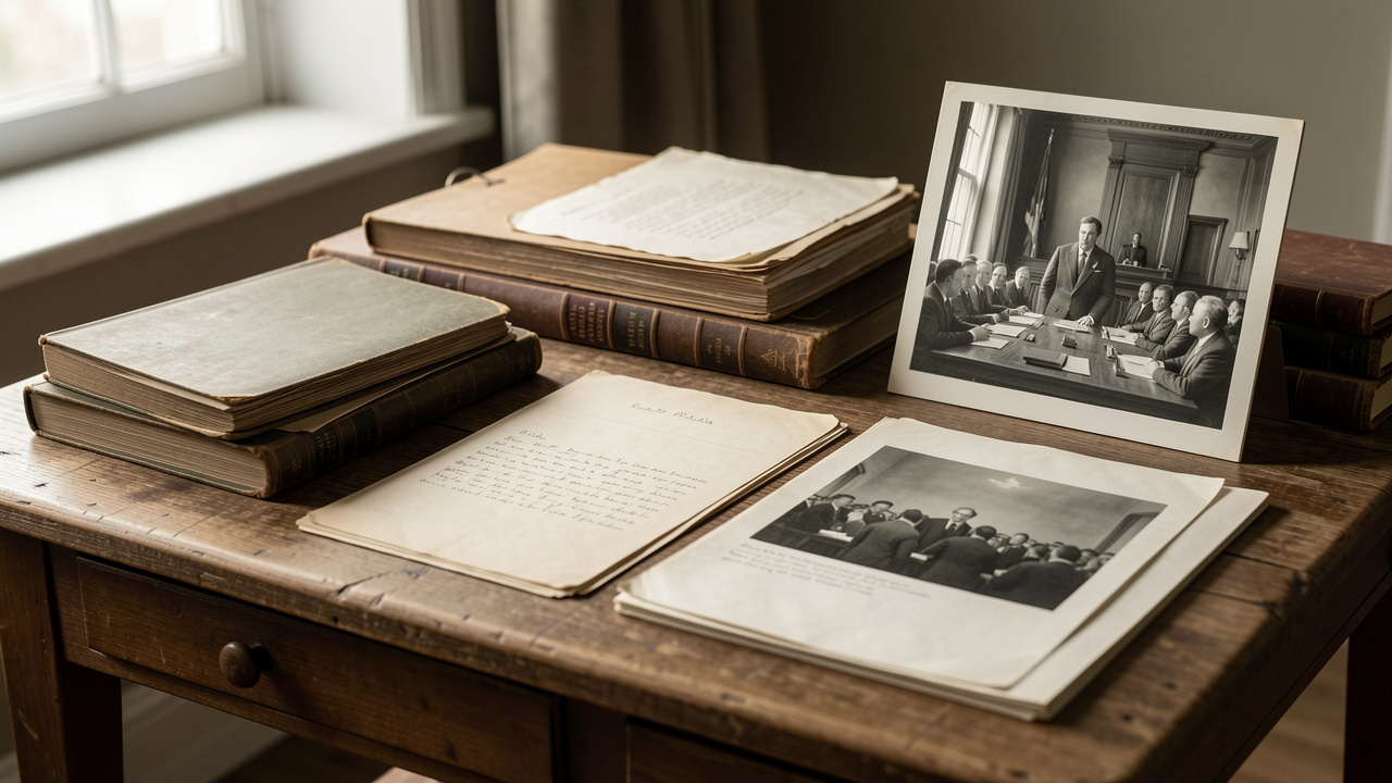 Table de travail d’historien avec ouvrages anciens, dossiers d’archives et photographie noir et blanc d’un tribunal, dans une ambiance éditoriale sobre et documentaire.