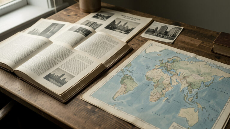 Table de travail en bois présentant des livres historiques ouverts aux pages illisibles, des photographies d’archives floues de Manhattan et des cartes géopolitiques, dans une ambiance documentaire sobre.
