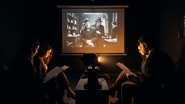 Salle de ciné-club plongée dans l’obscurité, avec un projecteur diffusant une scène de film noir et quatre spectateurs observant des feuilles de papier vierges.