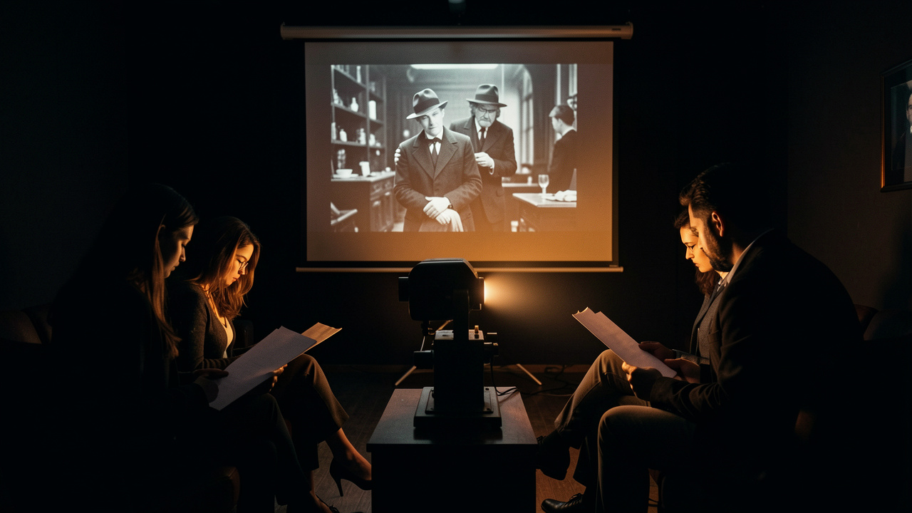 Salle de ciné-club plongée dans l’obscurité, avec un projecteur diffusant une scène de film noir et quatre spectateurs observant des feuilles de papier vierges.