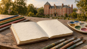 Carnet de voyage ouvert avec des pages vierges, crayons et aquarelles, devant la Maison de Jules Verne à Amiens, dont la façade en brique et la tour sont éclairées par une douce lumière de fin d’après-midi.