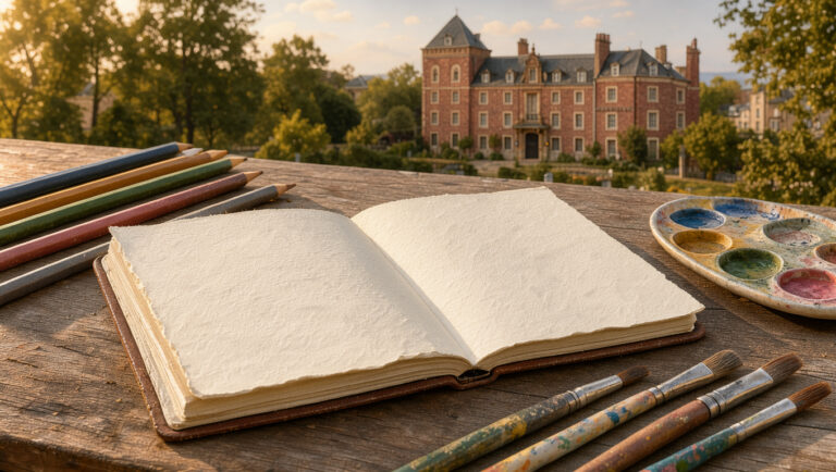 Carnet de voyage ouvert avec des pages vierges, crayons et aquarelles, devant la Maison de Jules Verne à Amiens, dont la façade en brique et la tour sont éclairées par une douce lumière de fin d’après-midi.