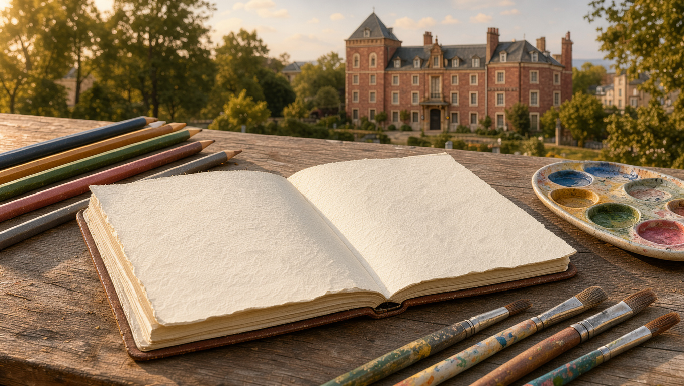 Carnet de voyage ouvert avec des pages vierges, crayons et aquarelles, devant la Maison de Jules Verne à Amiens, dont la façade en brique et la tour sont éclairées par une douce lumière de fin d’après-midi.