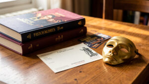 Livres reliés, bon culturel vierge, billets de cinéma et masque de théâtre disposés sur une table en bois, dans une lumière douce et chaleureuse.