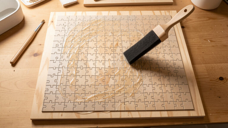 Puzzle de 1 000 pièces terminé, fixé sur une plaque de contreplaqué et recouvert uniformément de colle à l’aide d’un pinceau.