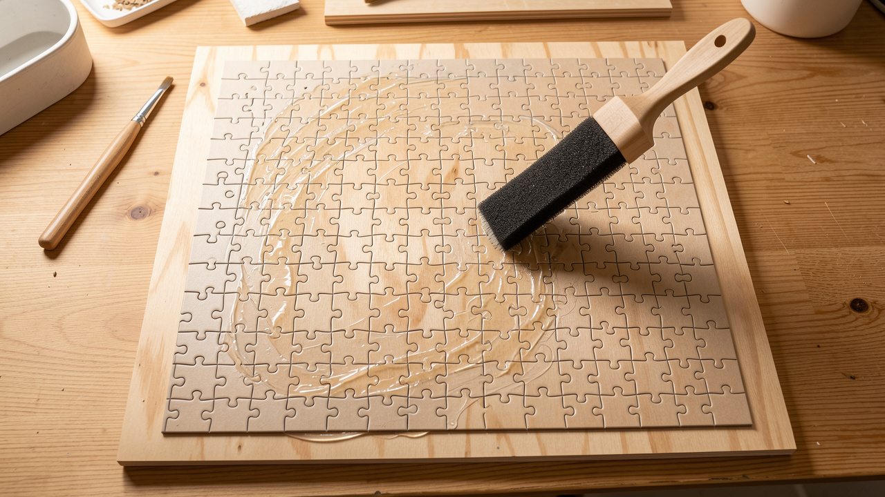 Puzzle de 1 000 pièces terminé, fixé sur une plaque de contreplaqué et recouvert uniformément de colle à l’aide d’un pinceau.
