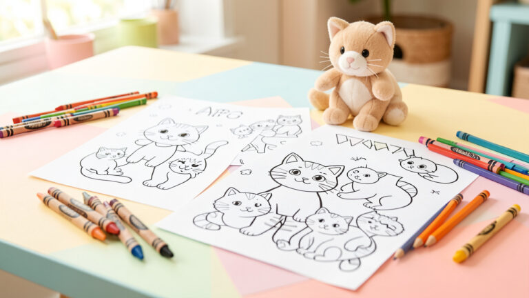 Assortiment de dessins de chats à colorier, avec des modèles simples pour les jeunes enfants et des illustrations plus détaillées pour les enfants plus âgés, entourés de crayons de couleur.