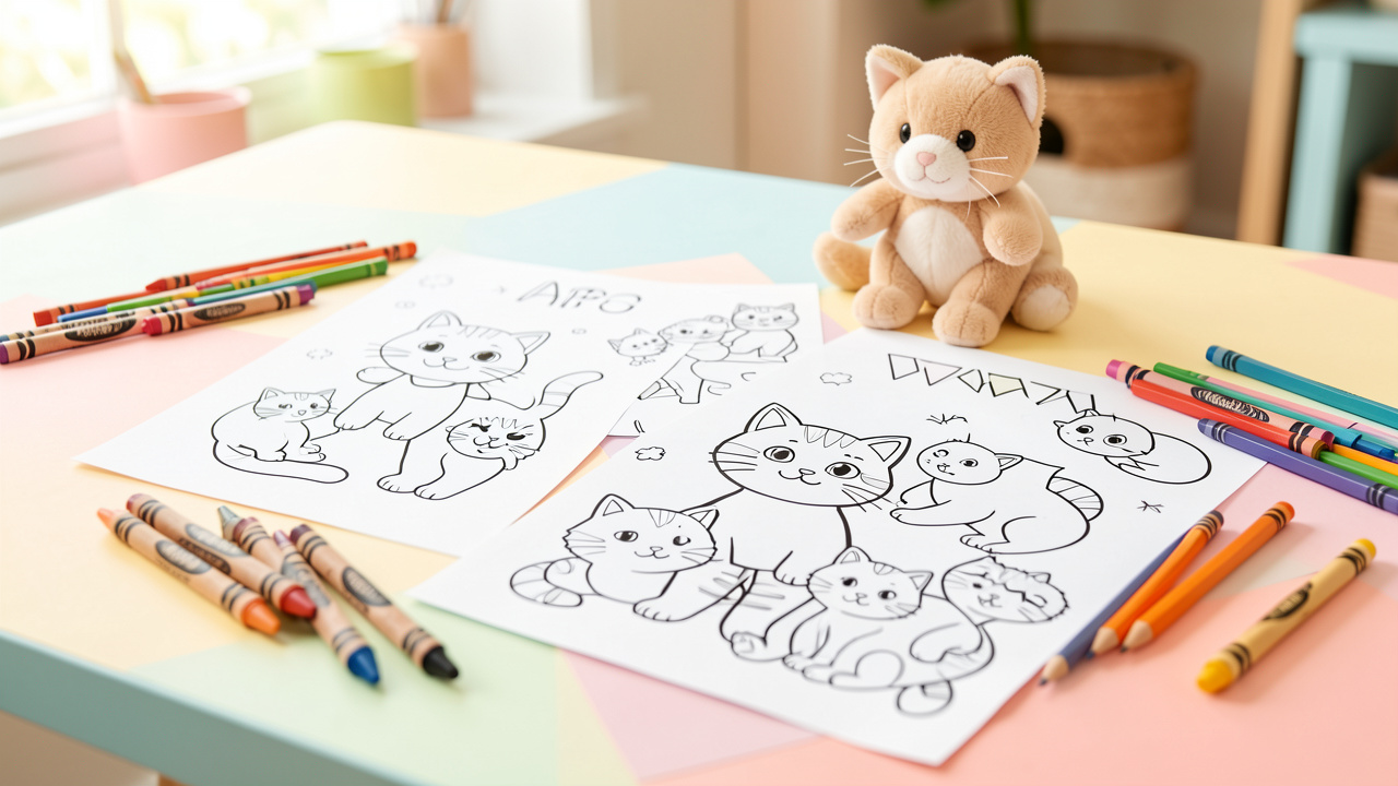 Assortiment de dessins de chats à colorier, avec des modèles simples pour les jeunes enfants et des illustrations plus détaillées pour les enfants plus âgés, entourés de crayons de couleur.